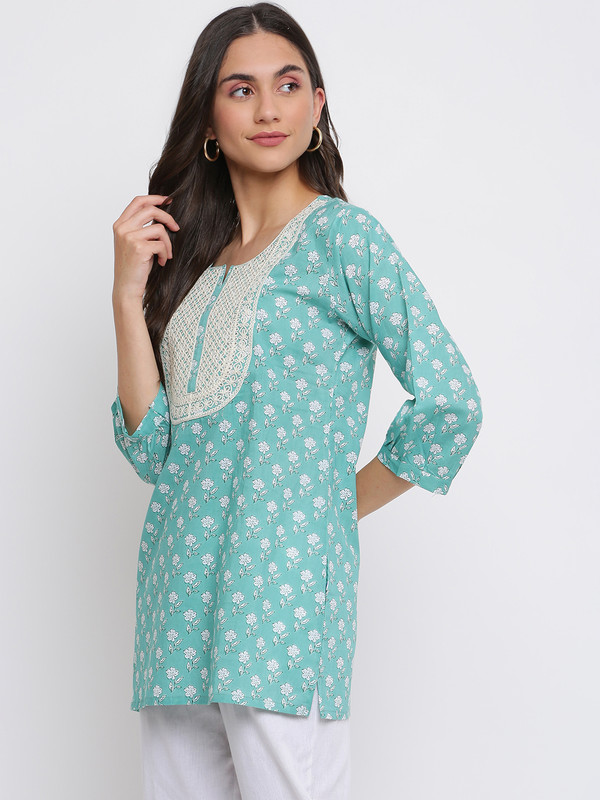 Indian Knots Green Cotton Embroidered & Printed Tunic – Indian Knots