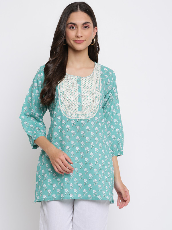 Indian Knots Green Cotton Embroidered & Printed Tunic – Indian Knots